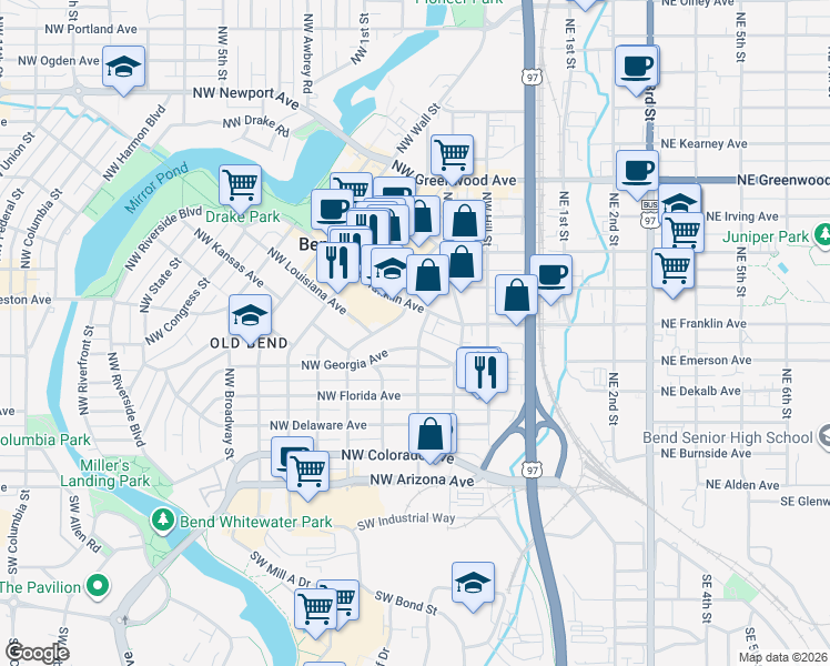 map of restaurants, bars, coffee shops, grocery stores, and more near 237 Northwest Georgia Avenue in Bend