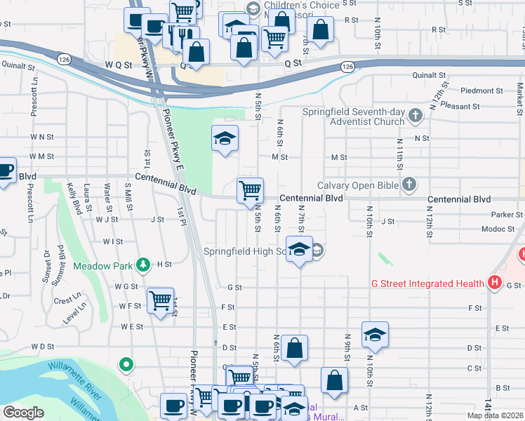 map of restaurants, bars, coffee shops, grocery stores, and more near 1108 5th Street in Springfield