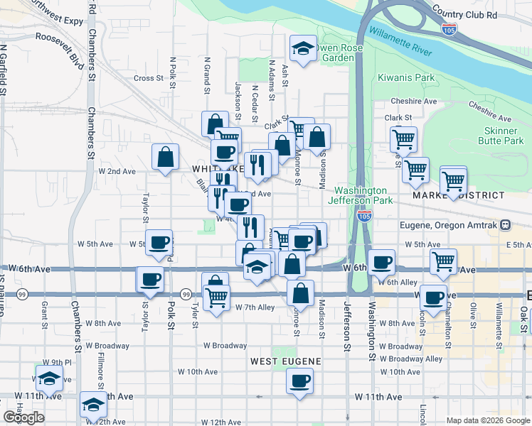 map of restaurants, bars, coffee shops, grocery stores, and more near 442 Adams Street in Eugene