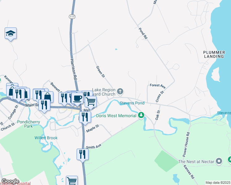 map of restaurants, bars, coffee shops, grocery stores, and more near 396 Main Street in Bridgton