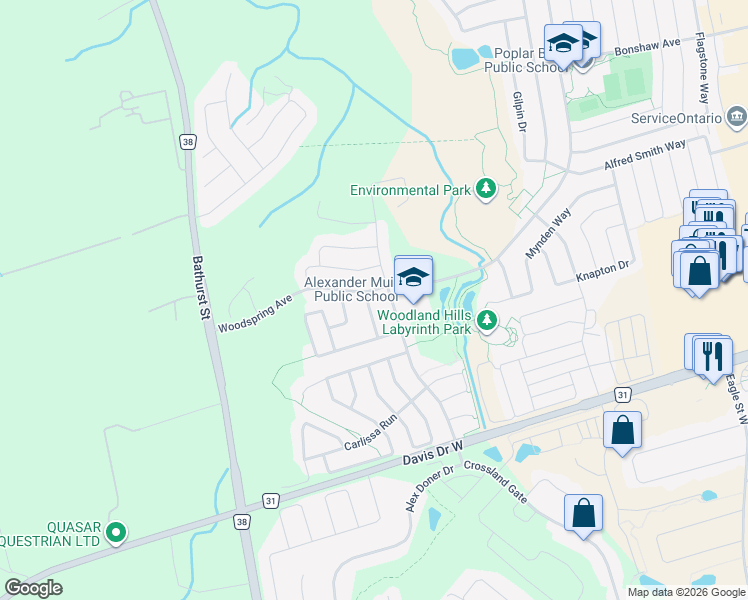 map of restaurants, bars, coffee shops, grocery stores, and more near 89 Patti McCulloch Way in Newmarket