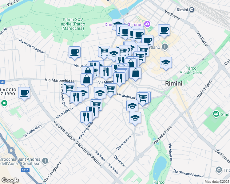 map of restaurants, bars, coffee shops, grocery stores, and more near 12 Via Covignano in Rimini