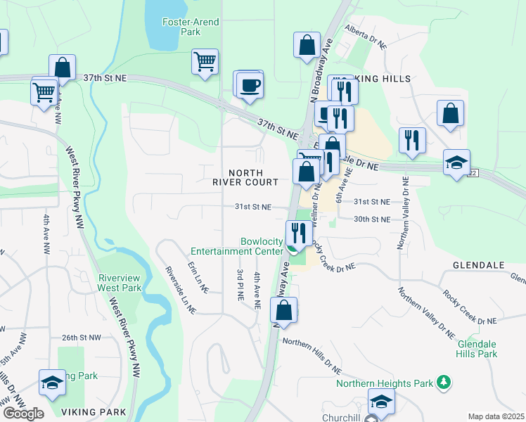 map of restaurants, bars, coffee shops, grocery stores, and more near 402 31st Street Northeast in Rochester