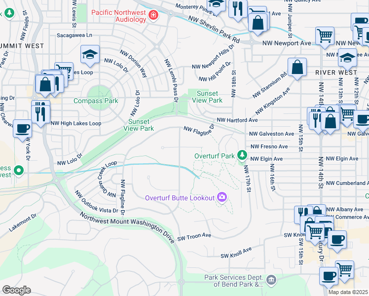 map of restaurants, bars, coffee shops, grocery stores, and more near 1981 Jack Lake Court in Bend