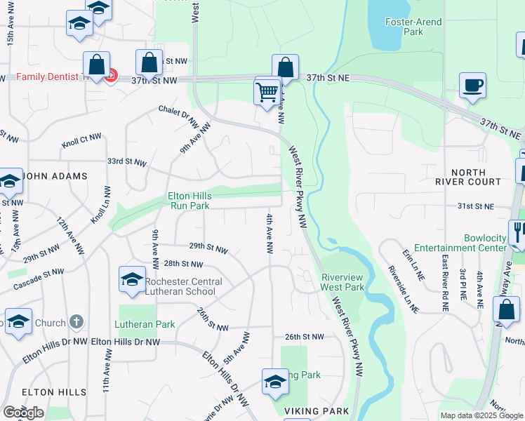 map of restaurants, bars, coffee shops, grocery stores, and more near 3021 4th Avenue Northwest in Rochester