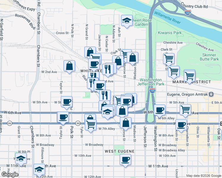 map of restaurants, bars, coffee shops, grocery stores, and more near 442 Adams Street in Eugene