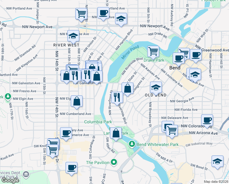 map of restaurants, bars, coffee shops, grocery stores, and more near 11 Northwest Hixon Avenue in Bend