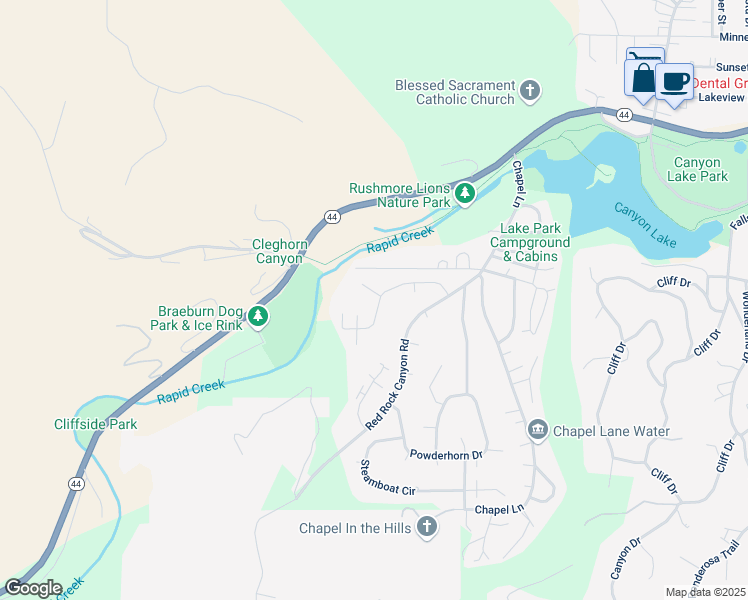 map of restaurants, bars, coffee shops, grocery stores, and more near 4814 Copper Hill Drive in Rapid City