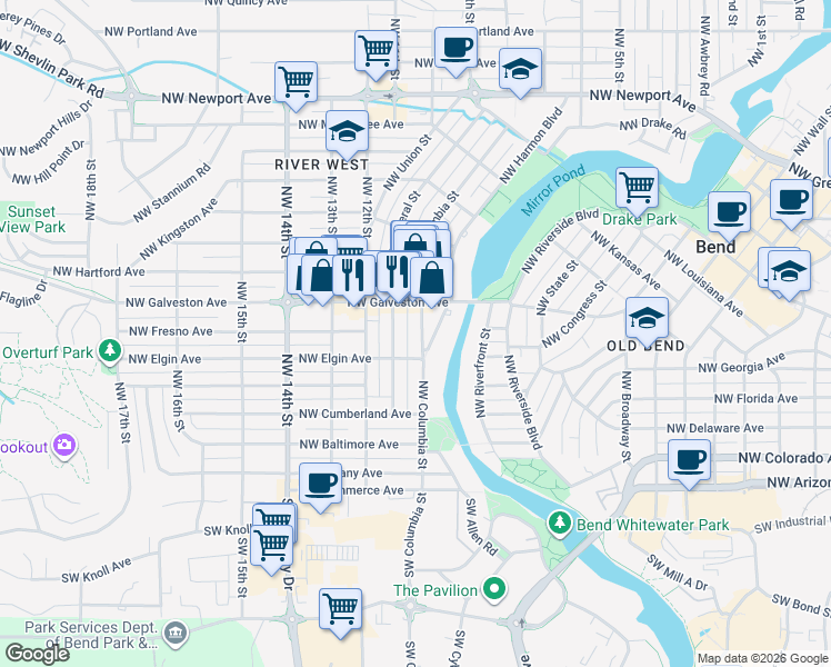 map of restaurants, bars, coffee shops, grocery stores, and more near 615 Northwest Columbia Street in Bend