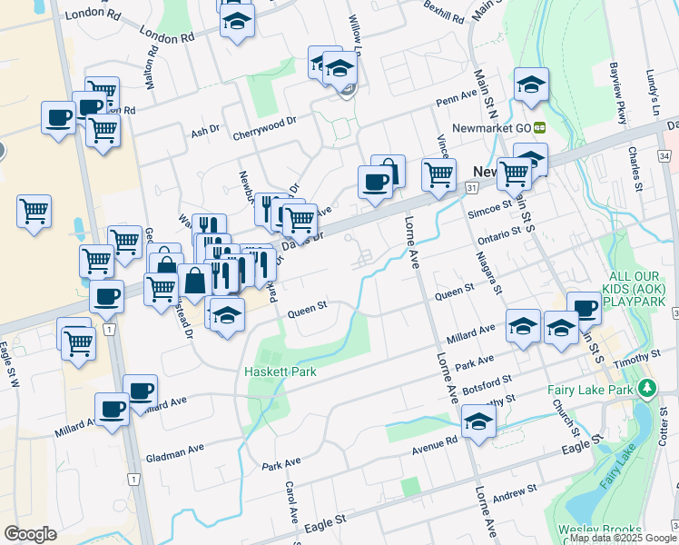 map of restaurants, bars, coffee shops, grocery stores, and more near 212 Davis Drive in Newmarket