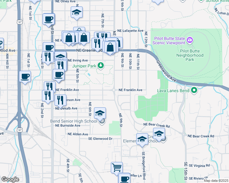 map of restaurants, bars, coffee shops, grocery stores, and more near 624 NE 8th St in Bend