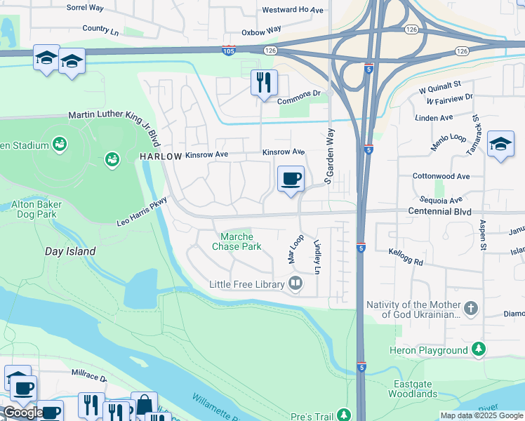 map of restaurants, bars, coffee shops, grocery stores, and more near 375 Marche Chase Drive in Eugene