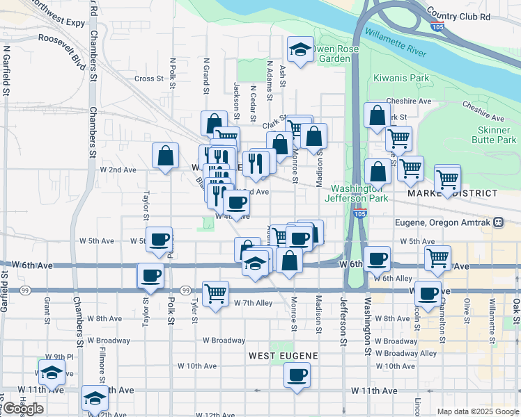 map of restaurants, bars, coffee shops, grocery stores, and more near 304 Adams Street in Eugene