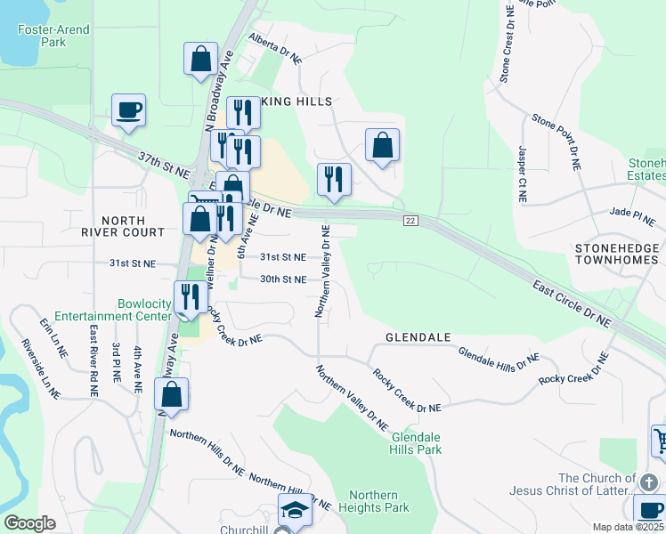 map of restaurants, bars, coffee shops, grocery stores, and more near 3016 Northern Valley Drive Northeast in Rochester