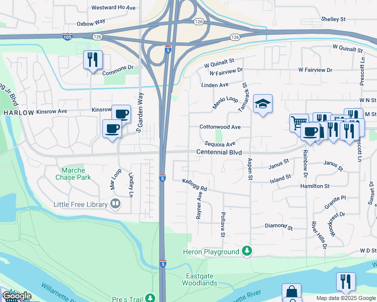 map of restaurants, bars, coffee shops, grocery stores, and more near 1160 Anderson Lane in Springfield