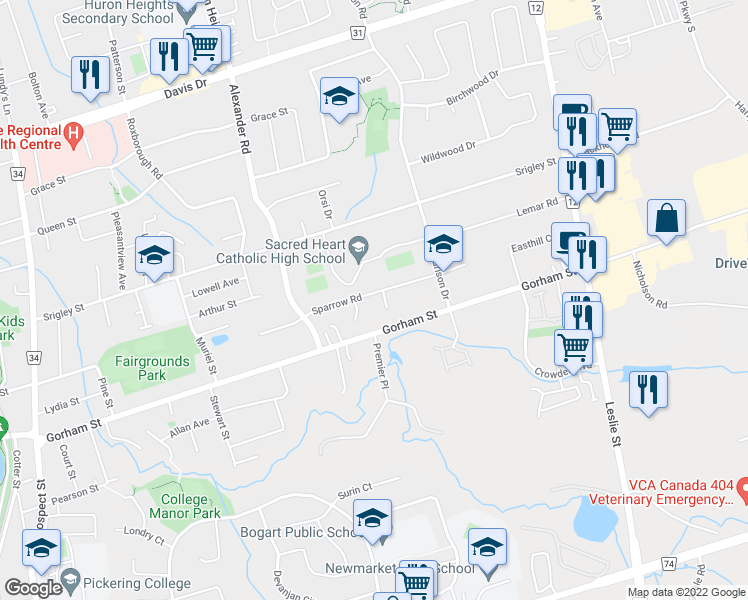 map of restaurants, bars, coffee shops, grocery stores, and more near 874 Sparrow Road in Newmarket