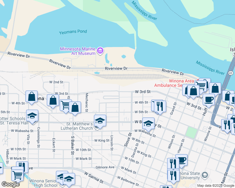 map of restaurants, bars, coffee shops, grocery stores, and more near 670 West 3rd Street in Winona