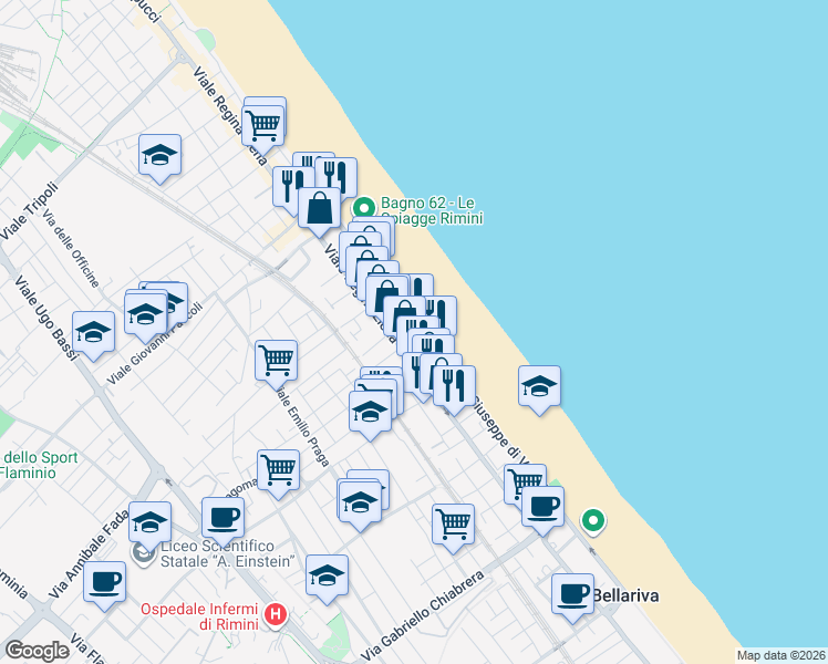 map of restaurants, bars, coffee shops, grocery stores, and more near 14 Lungomare Giuseppe di Vittorio in Rimini