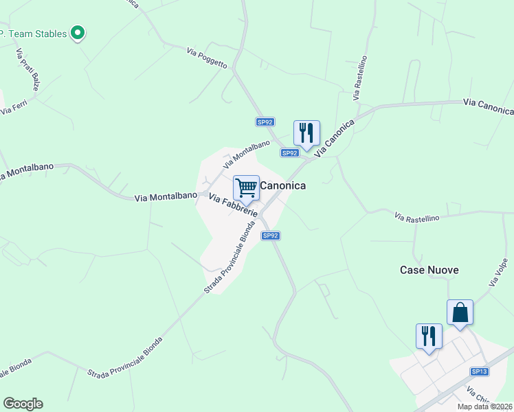 map of restaurants, bars, coffee shops, grocery stores, and more near 34 Via dell'Albana in Canonica