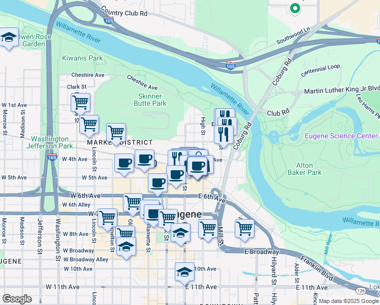 map of restaurants, bars, coffee shops, grocery stores, and more near 306 High Street in Eugene