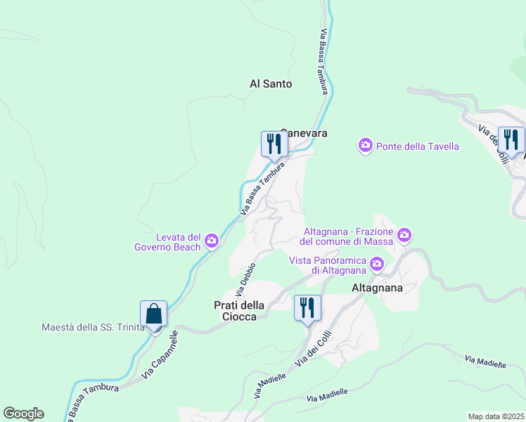 map of restaurants, bars, coffee shops, grocery stores, and more near 26 via della posta vecchia in Massa