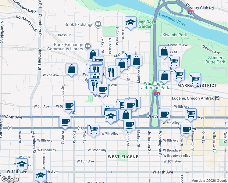 map of restaurants, bars, coffee shops, grocery stores, and more near 304 Adams Street in Eugene