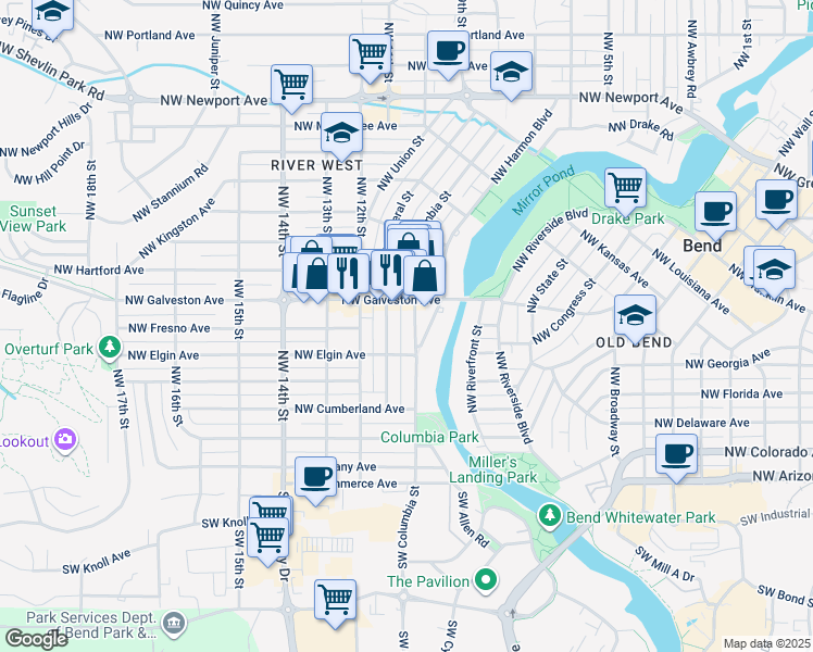 map of restaurants, bars, coffee shops, grocery stores, and more near 1009 Northwest Galveston Avenue in Bend