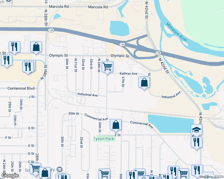 map of restaurants, bars, coffee shops, grocery stores, and more near 1253 35th Street in Springfield