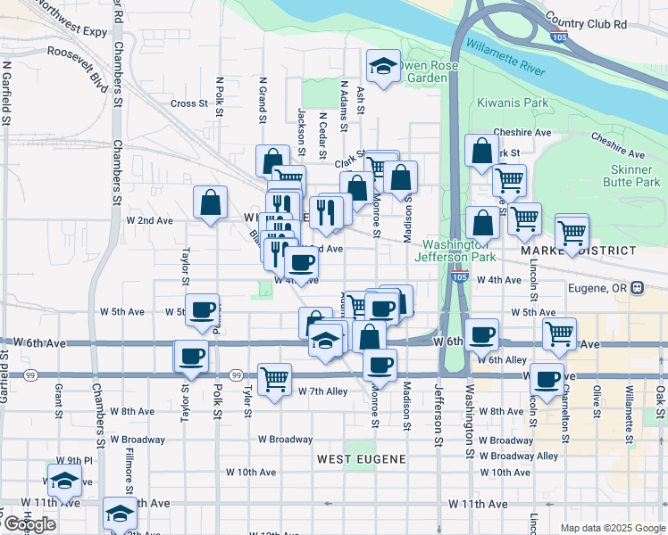 map of restaurants, bars, coffee shops, grocery stores, and more near 304 Adams Street in Eugene