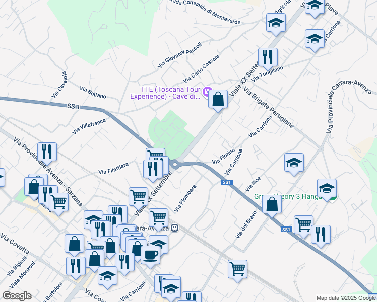 map of restaurants, bars, coffee shops, grocery stores, and more near 173 Viale XX Settembre in Carrara