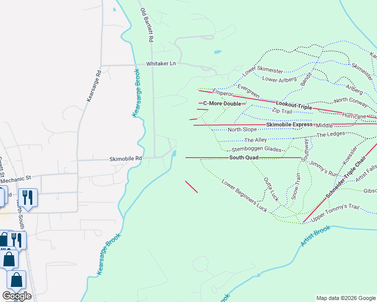 map of restaurants, bars, coffee shops, grocery stores, and more near 1 Skimobile Road in Conway
