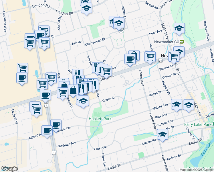 map of restaurants, bars, coffee shops, grocery stores, and more near in Newmarket