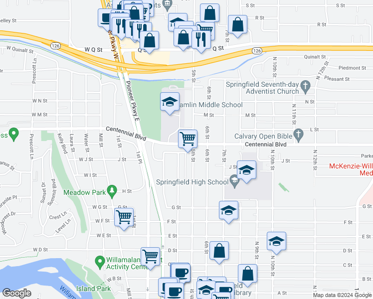 map of restaurants, bars, coffee shops, grocery stores, and more near 474 Broadway Street in Springfield