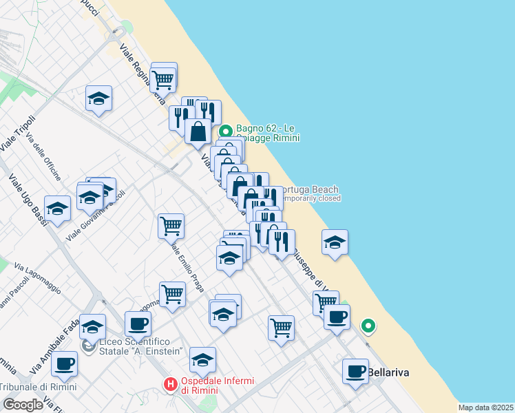 map of restaurants, bars, coffee shops, grocery stores, and more near 14 Lungomare Giuseppe di Vittorio in Rimini