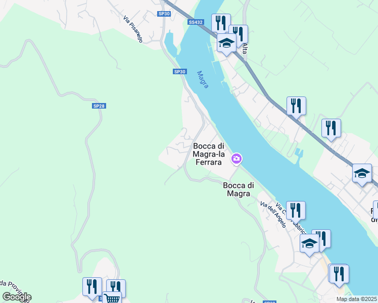 map of restaurants, bars, coffee shops, grocery stores, and more near 67 Via della Pace in Bocca di Magra-la Ferrara