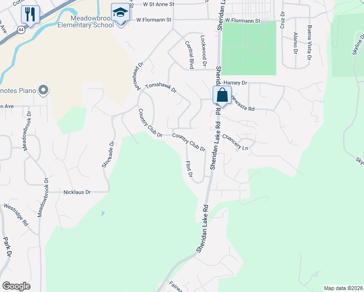 map of restaurants, bars, coffee shops, grocery stores, and more near 2801 Country Club Drive in Rapid City