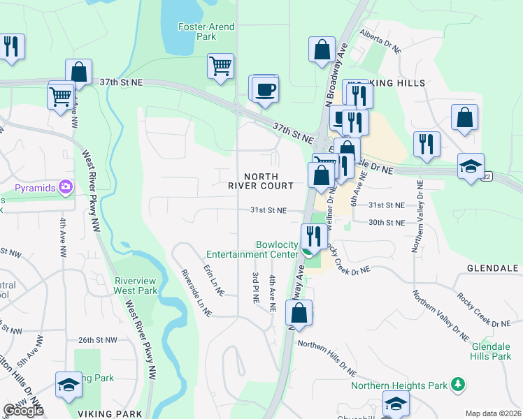 map of restaurants, bars, coffee shops, grocery stores, and more near 403 31st Street Northeast in Rochester