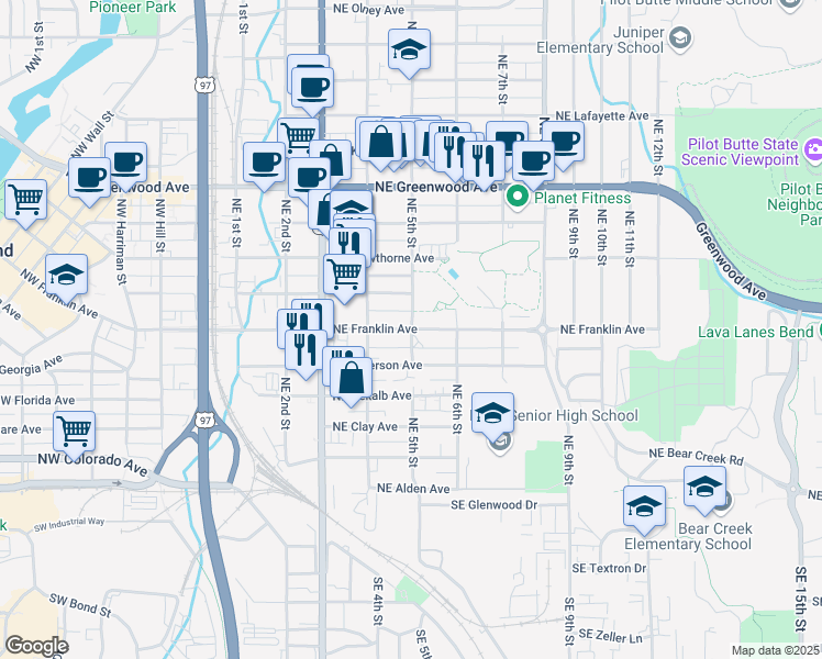 map of restaurants, bars, coffee shops, grocery stores, and more near Northeast Franklin Avenue in Bend