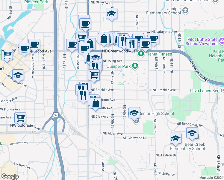 map of restaurants, bars, coffee shops, grocery stores, and more near Northeast Franklin Avenue in Bend