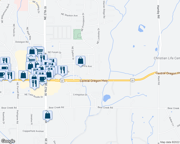 map of restaurants, bars, coffee shops, grocery stores, and more near 646 Northeast Mason Road in Bend