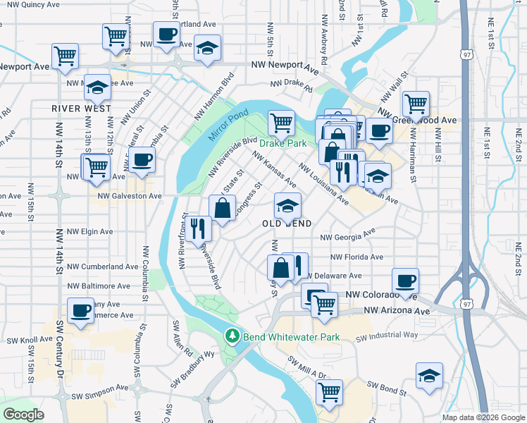 map of restaurants, bars, coffee shops, grocery stores, and more near 424 Northwest Congress Street in Bend