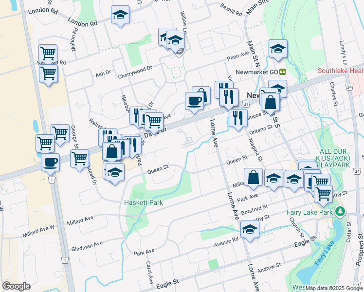 map of restaurants, bars, coffee shops, grocery stores, and more near 250 Davis Drive in Newmarket