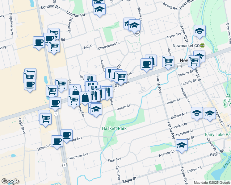 map of restaurants, bars, coffee shops, grocery stores, and more near 185 Deerfield Road in Newmarket