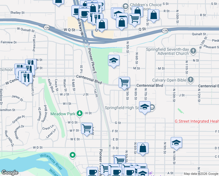 map of restaurants, bars, coffee shops, grocery stores, and more near 306 Broadway Street in Springfield