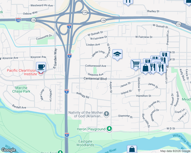 map of restaurants, bars, coffee shops, grocery stores, and more near 1470 Sequoia Avenue in Springfield