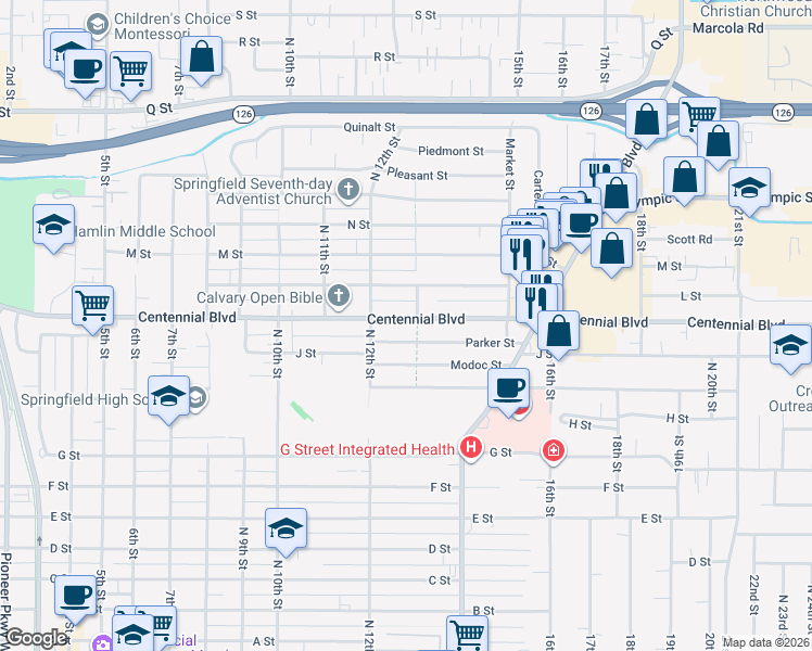 map of restaurants, bars, coffee shops, grocery stores, and more near 1268 Centennial Boulevard in Springfield