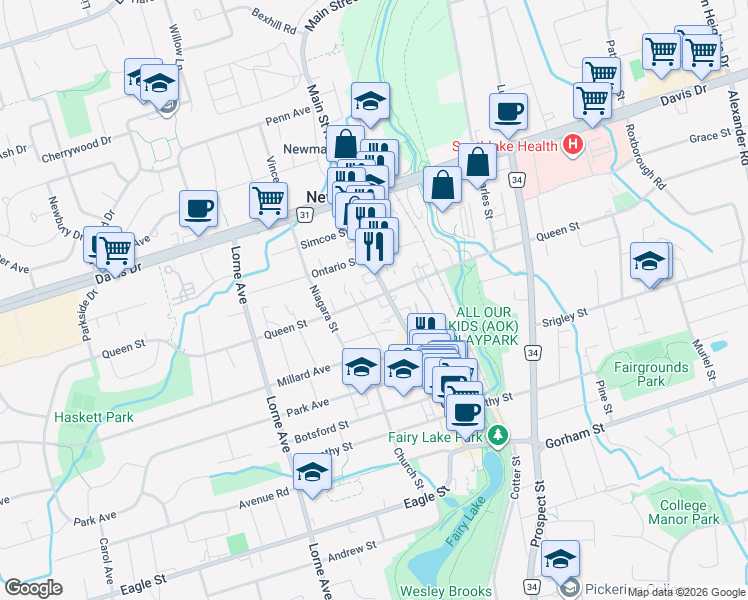 map of restaurants, bars, coffee shops, grocery stores, and more near 430 Queen Street in Newmarket