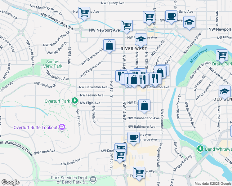 map of restaurants, bars, coffee shops, grocery stores, and more near 1475 Northwest Galveston Avenue in Bend
