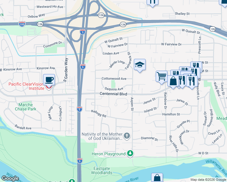 map of restaurants, bars, coffee shops, grocery stores, and more near 1470 Sequoia Avenue in Springfield