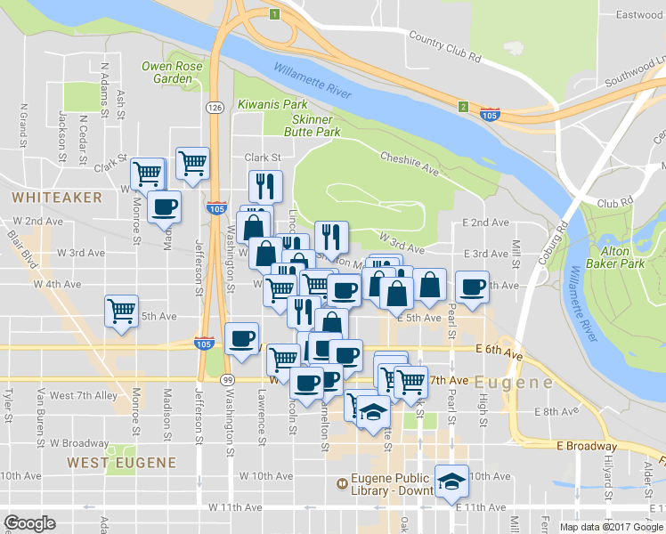 map of restaurants, bars, coffee shops, grocery stores, and more near 150 Shelton Mcmurphey Boulevard in Eugene